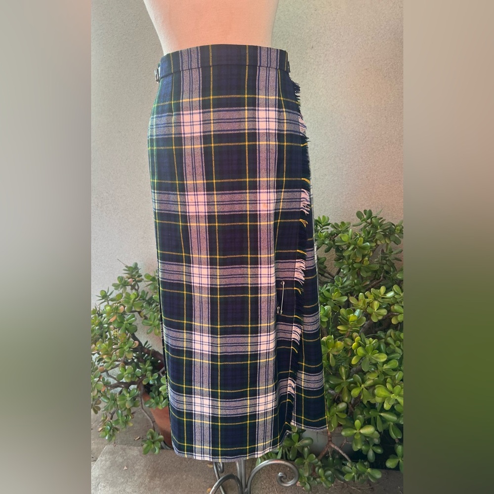 Vintage blue green plaid kilt wrap skirt pleats wool Sz 8/10 By Allen Solly.